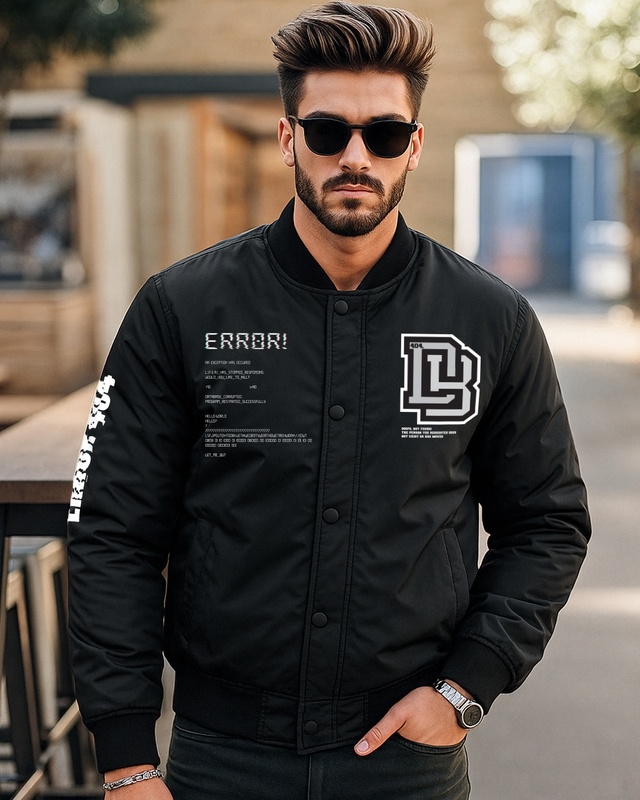 Shop Men's Black Error Typography Oversized Bomber Jacket-Front