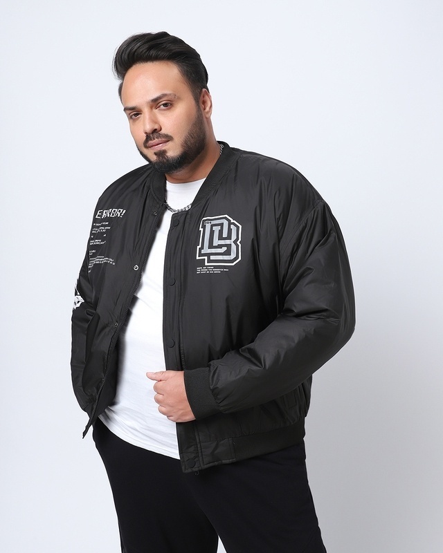 Shop Men's Black Error Typography Plus Size Oversized Bomber Jacket-Front