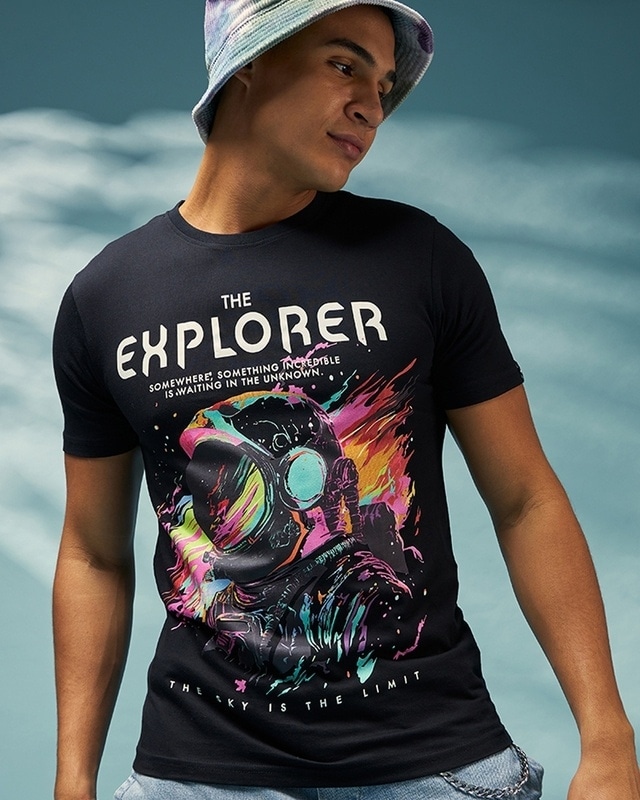 Shop Men's Black Explorer Graphic Printed T-shirt-Front