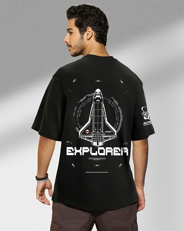 Shop Men's Black Explorer NASA Graphic Printed Oversized T-shirt-Front