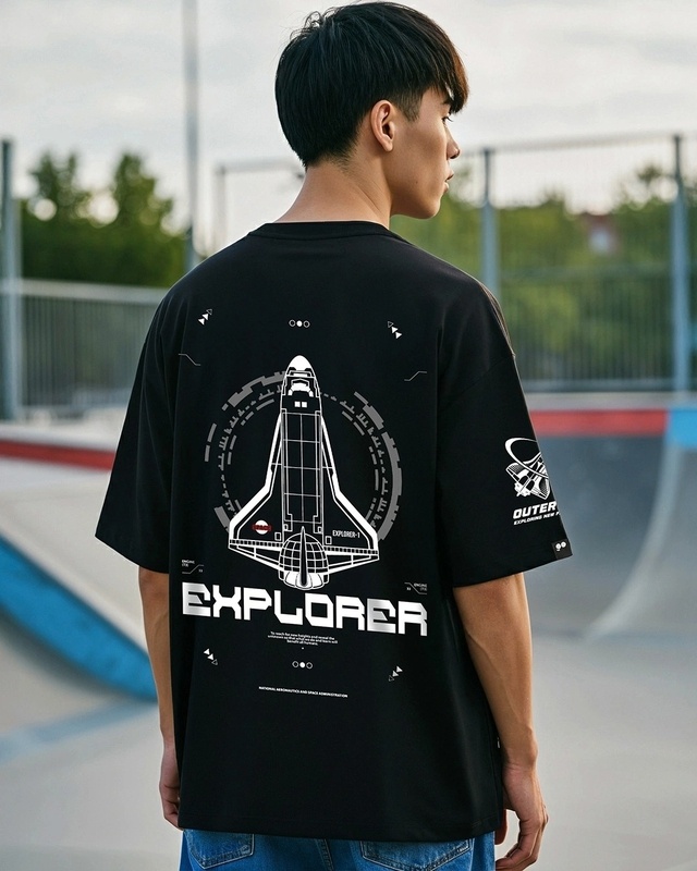 Men's Black Explorer NASA Graphic Printed Oversized T-shirt-Front Bewakoof Shop Men's Black Explorer NASA Graphic Printed Oversized T-shirt-Front