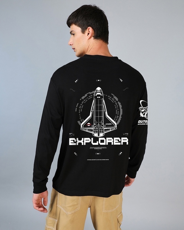 Shop Men's Black Explorer Nasa Graphic Printed Oversized T-shirt-Front
