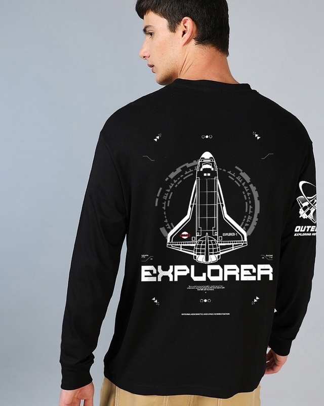 Shop Men's Black Explorer Nasa Graphic Printed Oversized T-shirt-Front