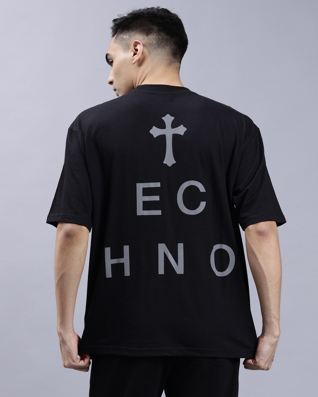 Shop Men's Black Faith in Techno Reflective Printed Oversized T-shirt-Front