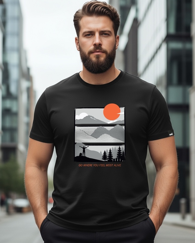 Men's Black Feel Most Alive Graphic Print Plus Size T-shirt-Front Bewakoof Shop Men's Black Feel Most Alive Graphic Print Plus Size T-shirt-Front