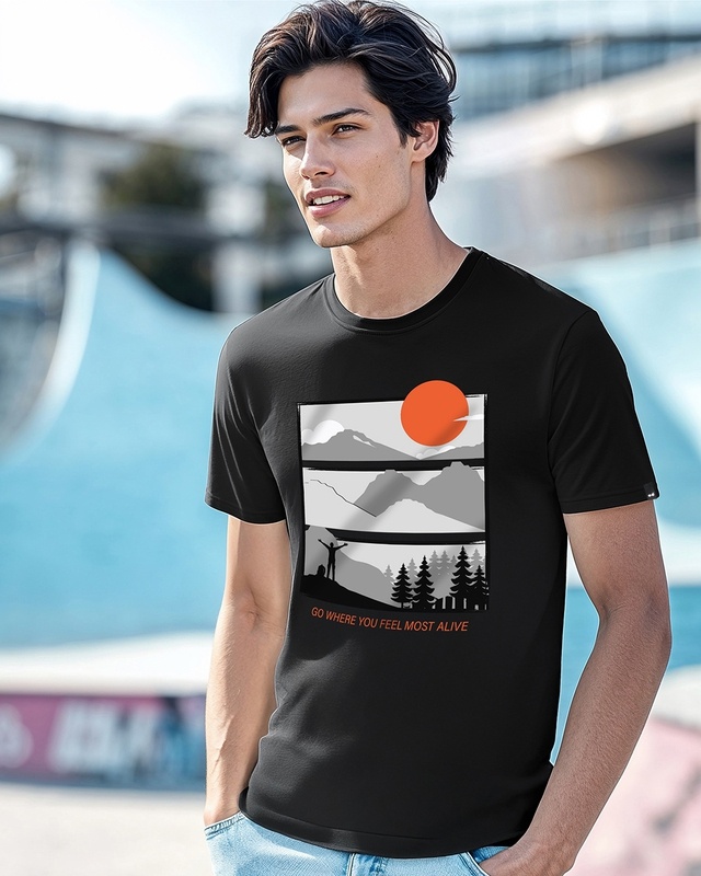 Men's Black Feel Most Alive Graphic Printed T-shirt