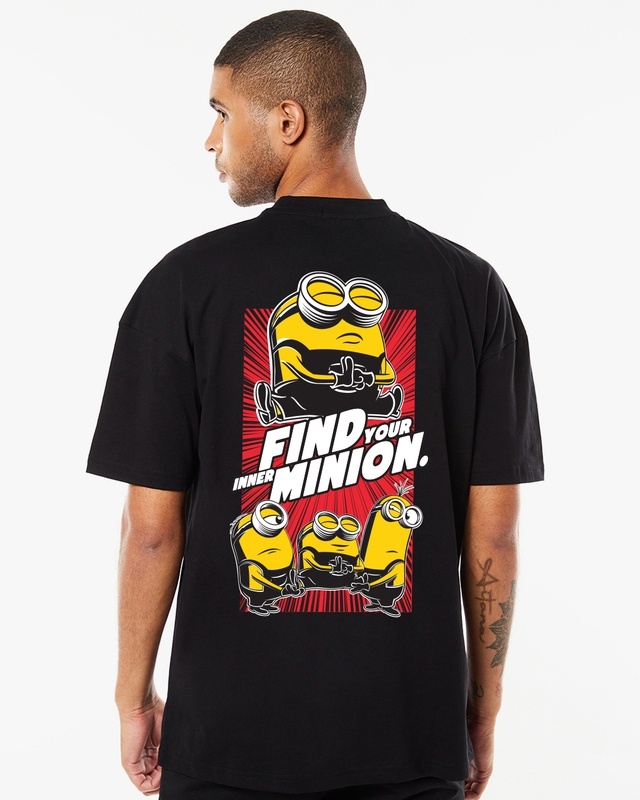 Shop Men's Black Find Your Inner Minion Graphic Printed Oversized T-shirt-Front