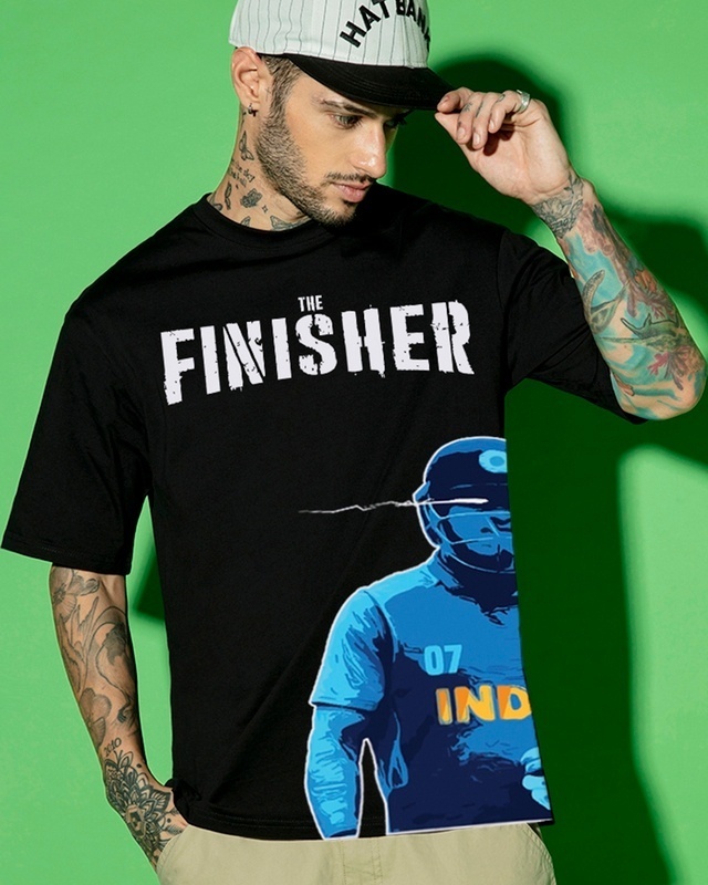 Shop Men's Black Finisher Graphic Printed Oversized T-shirt-Front
