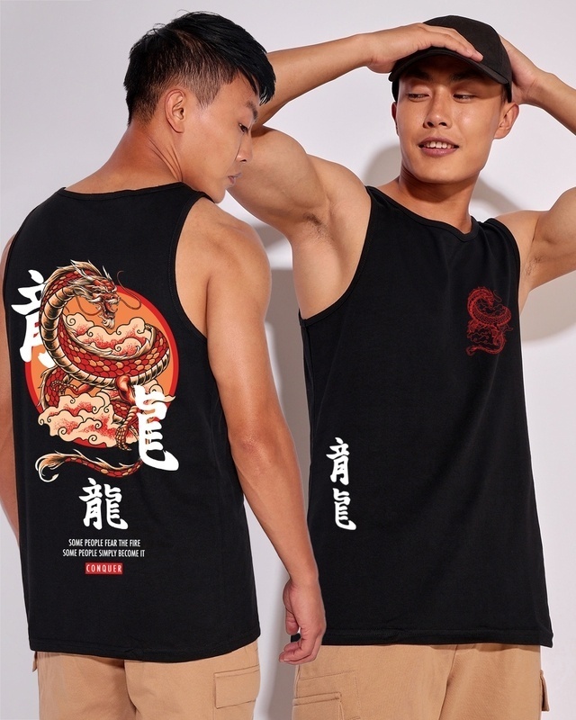 Shop Men's Black Fire Dragon Graphic Printed Oversized Vest-Front
