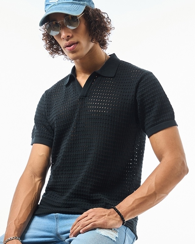 Shop Men's Black Flatknit Polo T-shirt-Front