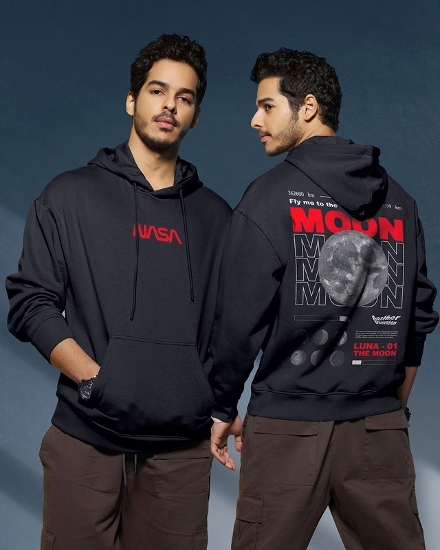 Shop Men's Black Fly Me To The Moon Graphic Printed Oversized Hoodie-Front