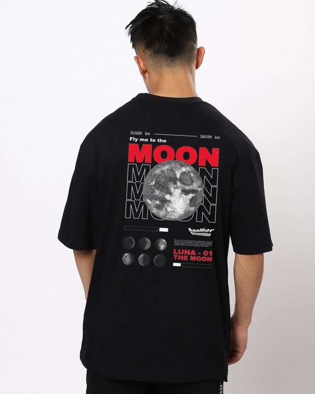 Shop Men's Black Fly Me To The Moon Graphic Printed Oversized T-shirt-Front