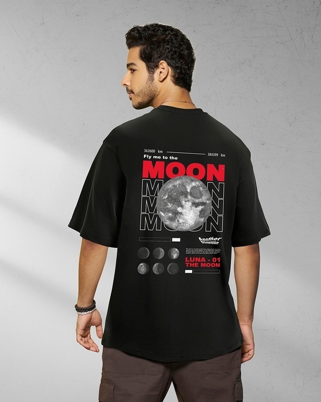 Shop Men's Black Fly Me To The Moon Graphic Printed Oversized T-shirt-Front