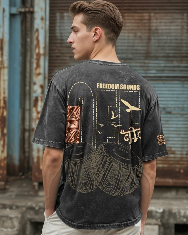 Shop Men's Black Freedom Sounds Graphic Printed Oversized Acid Wash T-shirt-Front