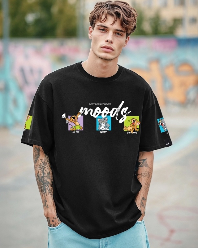 Shop Men's Black Friends & Feelings T&J Graphic Printed Oversized T-shirt-Front