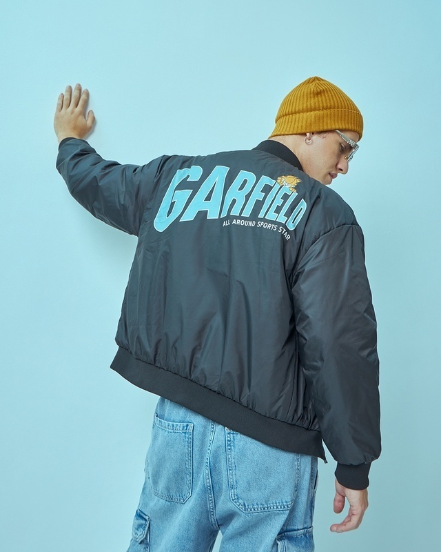 Shop Men's Black Garfield All Around Typography Oversized Puffer Jacket-Front
