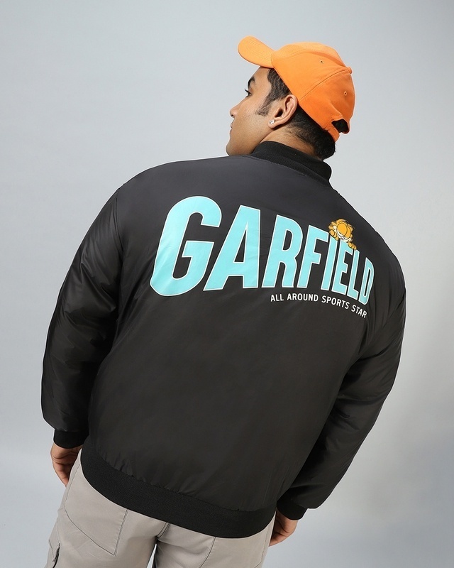 Shop Men's Black Garfield All Around Graphic Printed Oversized Plus Size Jacket-Front