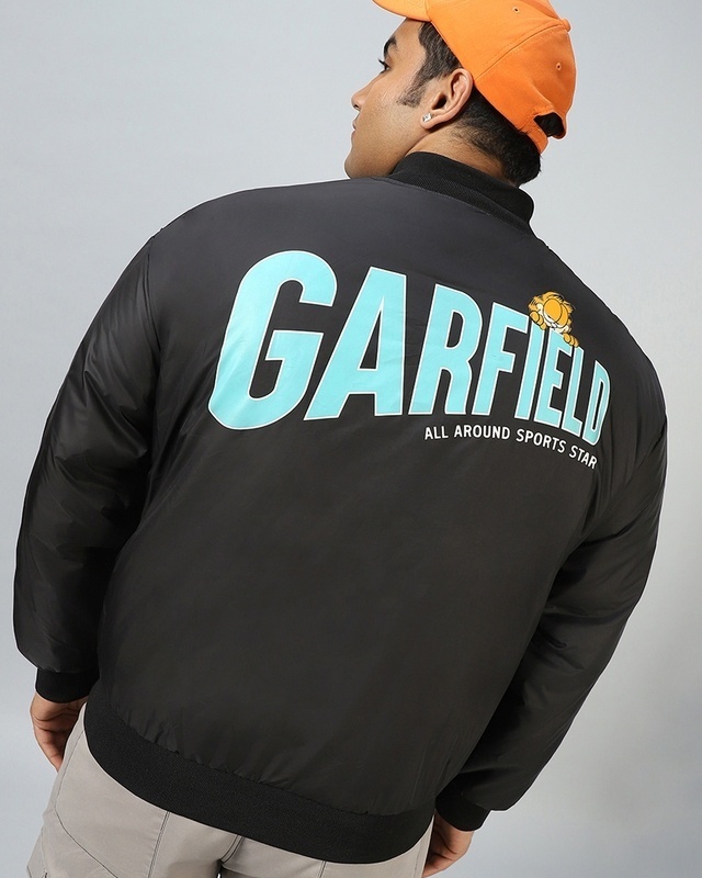 Shop Men's Black Garfield All Around Graphic Printed Oversized Plus Size Jacket-Front