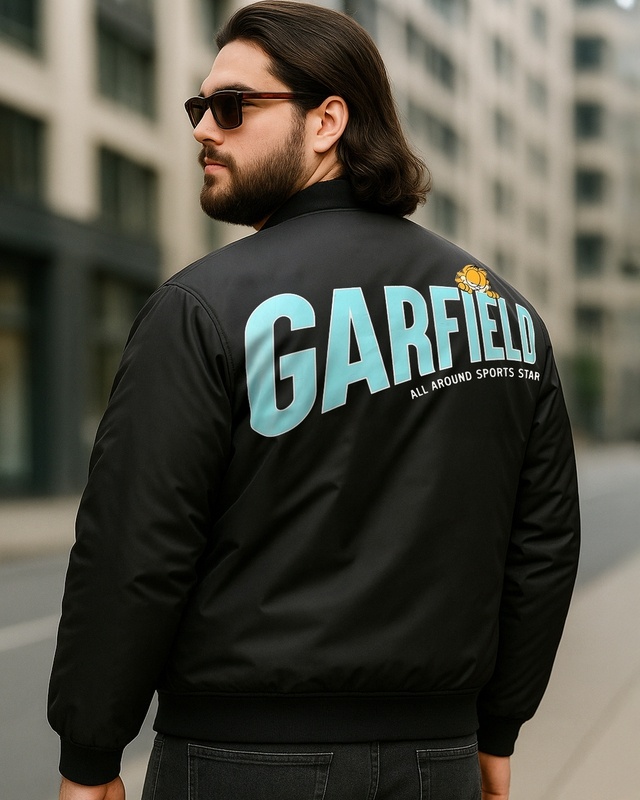 Shop Men's Black Garfield All Around Graphic Printed Oversized Plus Size Jacket-Front