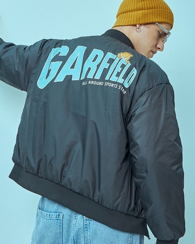 Shop Men's Black Garfield All Around Typography Oversized Puffer Jacket-Front