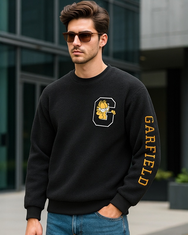 Shop Men's Black Garfield Graphic Printed Oversized Sweatshirt-Front