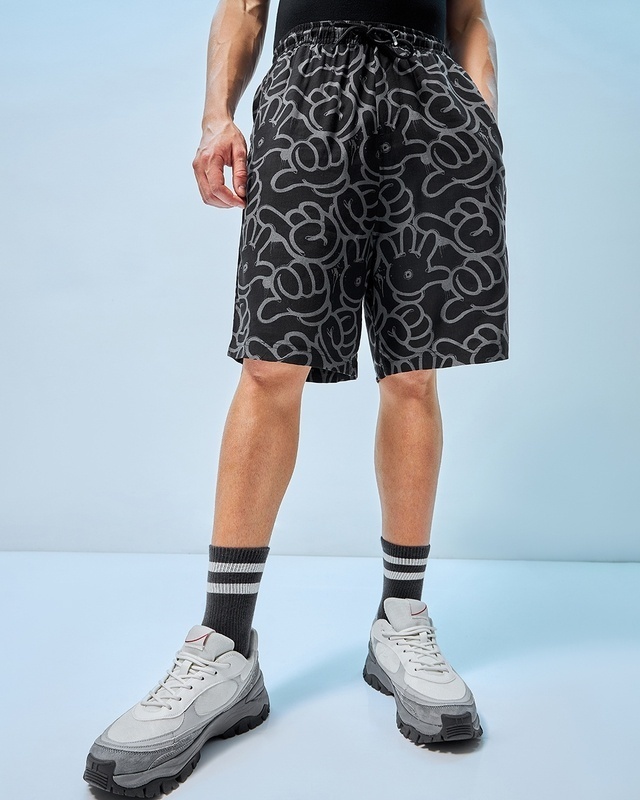 Shop Men's Black All Over Mickey Printed Super Loose Fit Shorts-Front