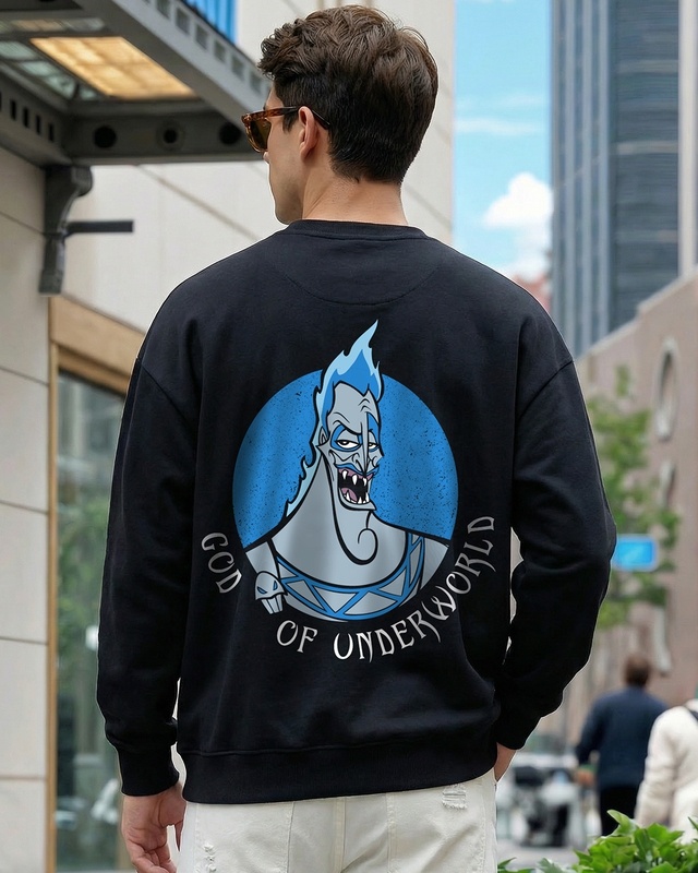 Men's Black God of Underworld Graphic Printed Oversized Sweatshirt