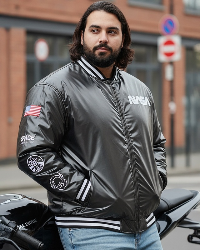 Shop Men's Black Graphic Printed Oversized Plus Size Bomber Jacket-Front