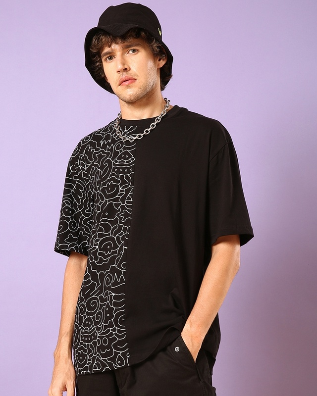 Shop Men's Black Graphic Printed Oversized T-shirt-Front