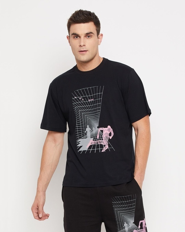 Shop Men's Black Graphic Printed Oversized T-shirt-Front