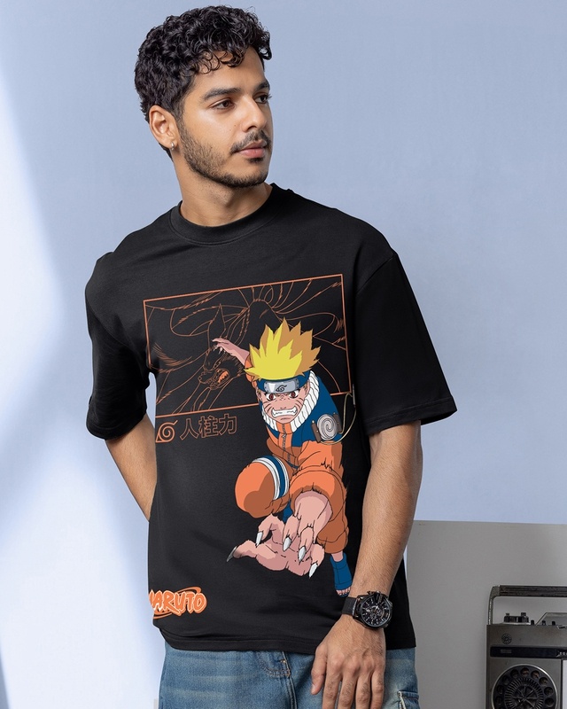 Shop Men's Black Graphic Printed Oversized T-shirt-Front