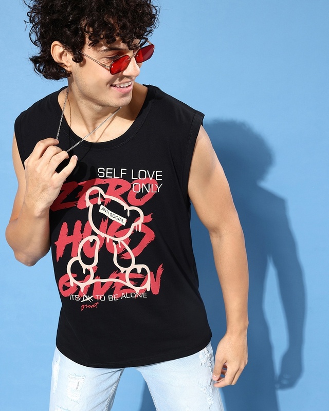 Shop Men's Black Graphic Printed Oversized Vest-Front