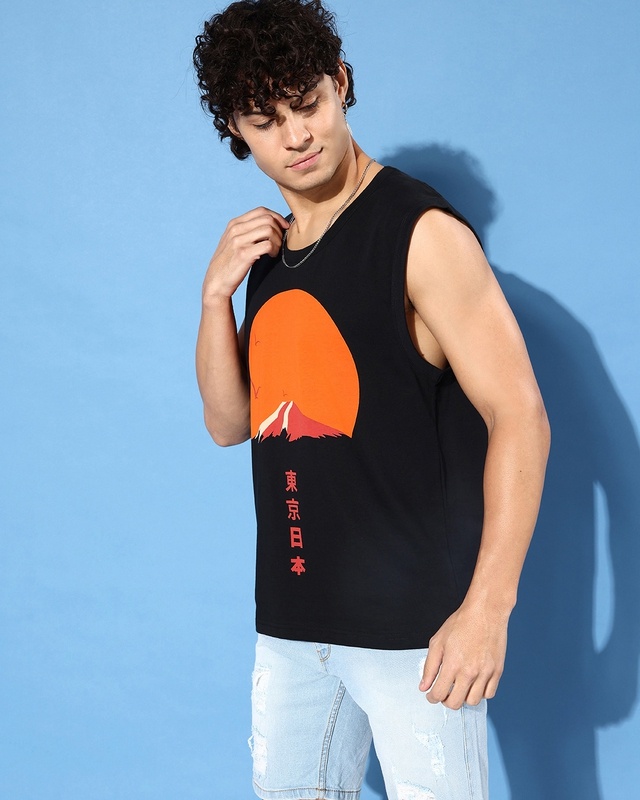 Shop Men's Black Graphic Printed Oversized Vest-Front
