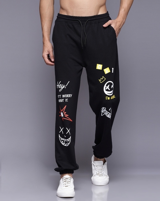 Shop Men's Black Graphic Printed Relaxed Fit Joggers-Front