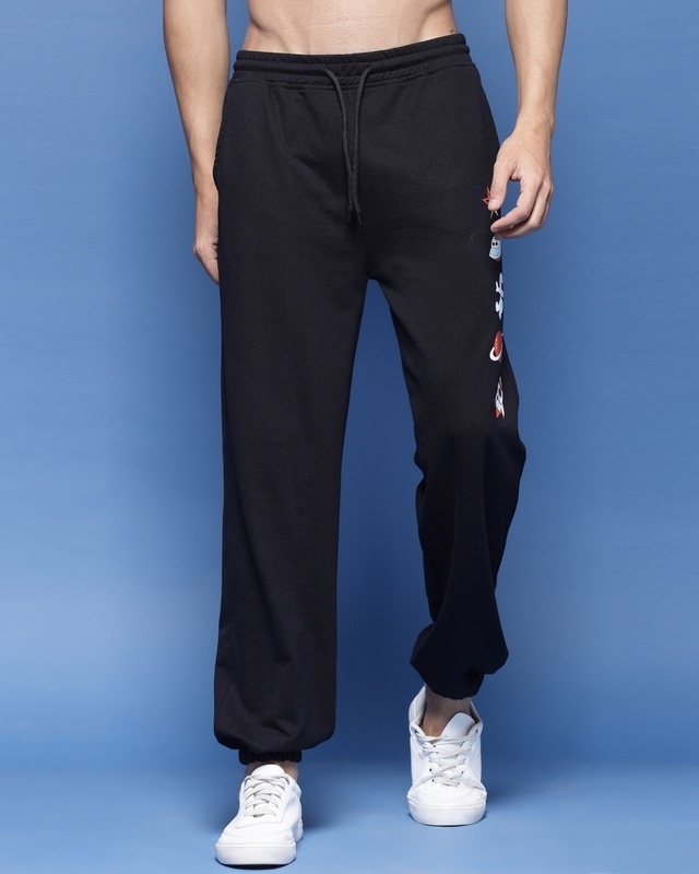 Shop Men's Black Graphic Printed Relaxed Fit Joggers-Front