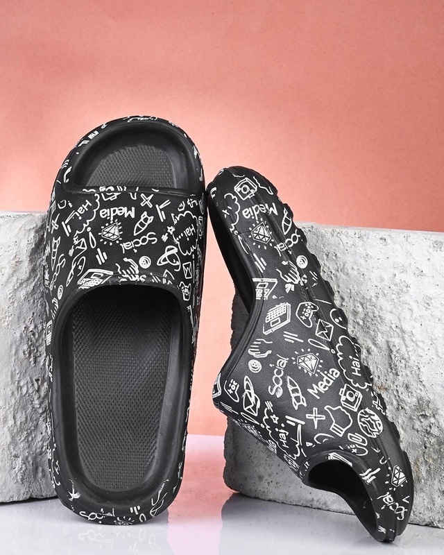 Men's Black Graphic Printed Sliders