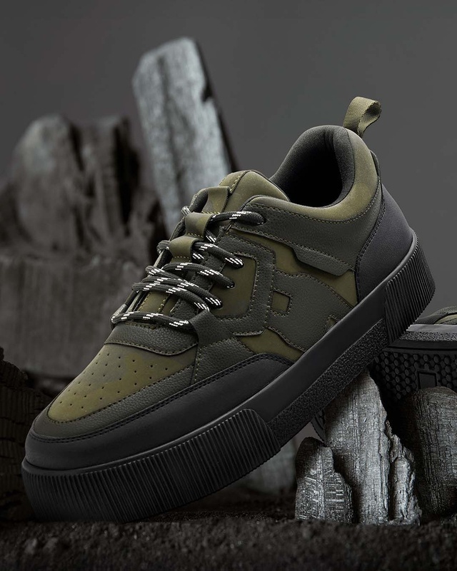 Shop Men's Black & Green Camoflauge Low-Top Sneakers-Front