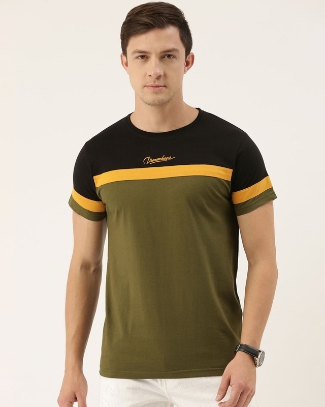 Shop Men's Black & Green Colourblocked T-shirt-Front