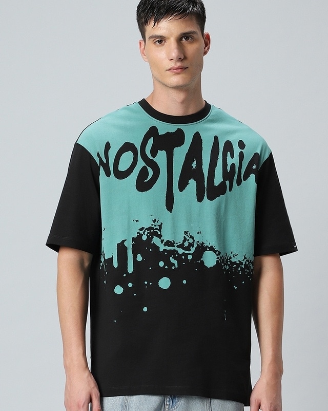 Shop Men's Black & Green Nost Graphic Printed Oversized T-shirt-Front