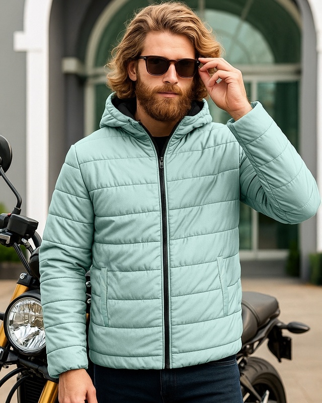 Shop Men's Black & Green Oversized Reversible Puffer Jacket-Front