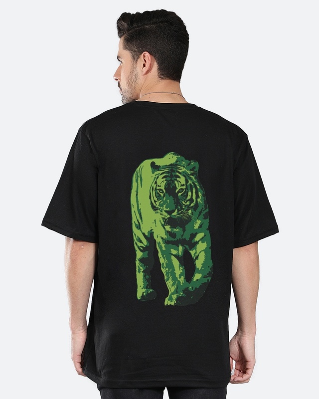 Shop Men's Black Green Tiger Graphic Printed Oversized T-shirt-Front