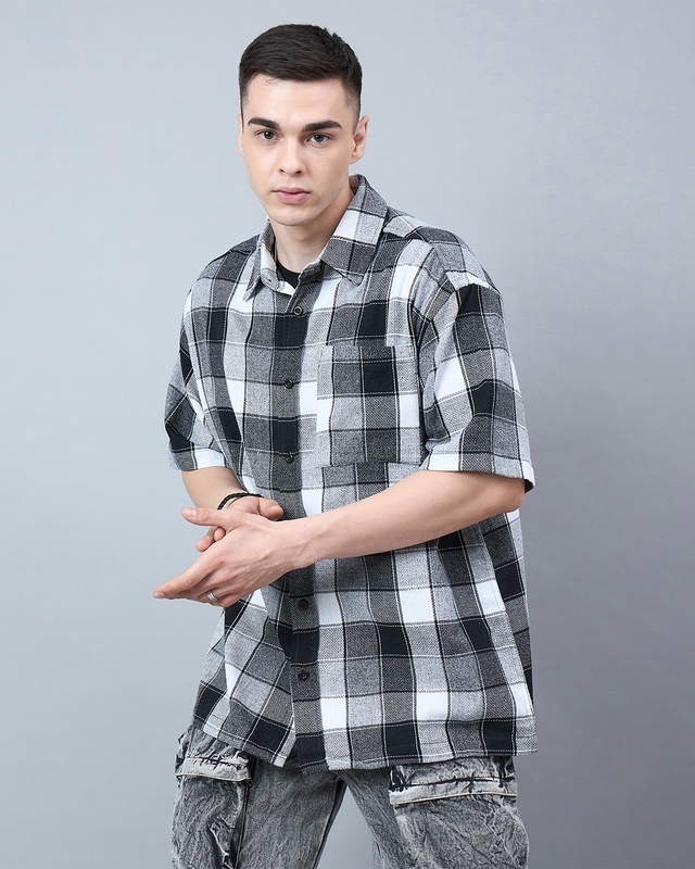 Shop Men's Grey & Black Checked Oversized Shirt-Front