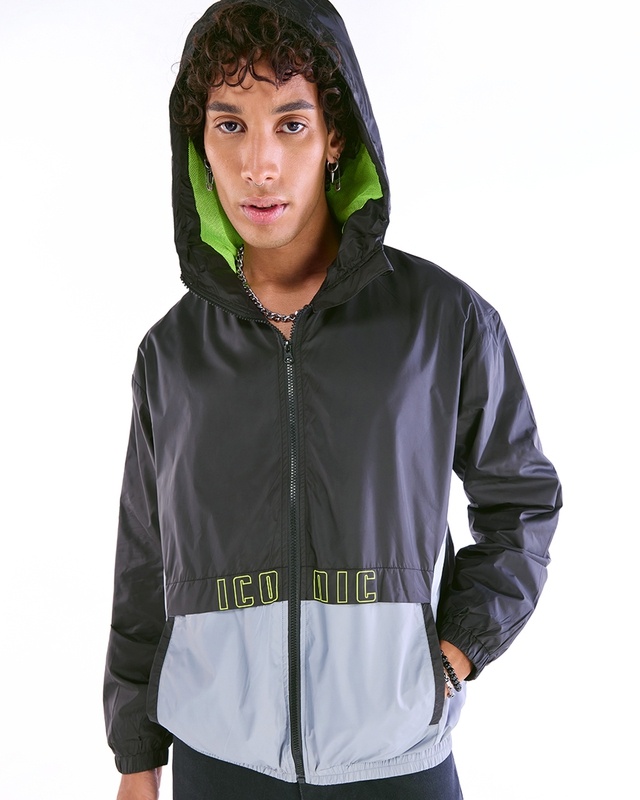 Shop Men's Black & Grey Color Block Oversized Windcheater Jacket-Front