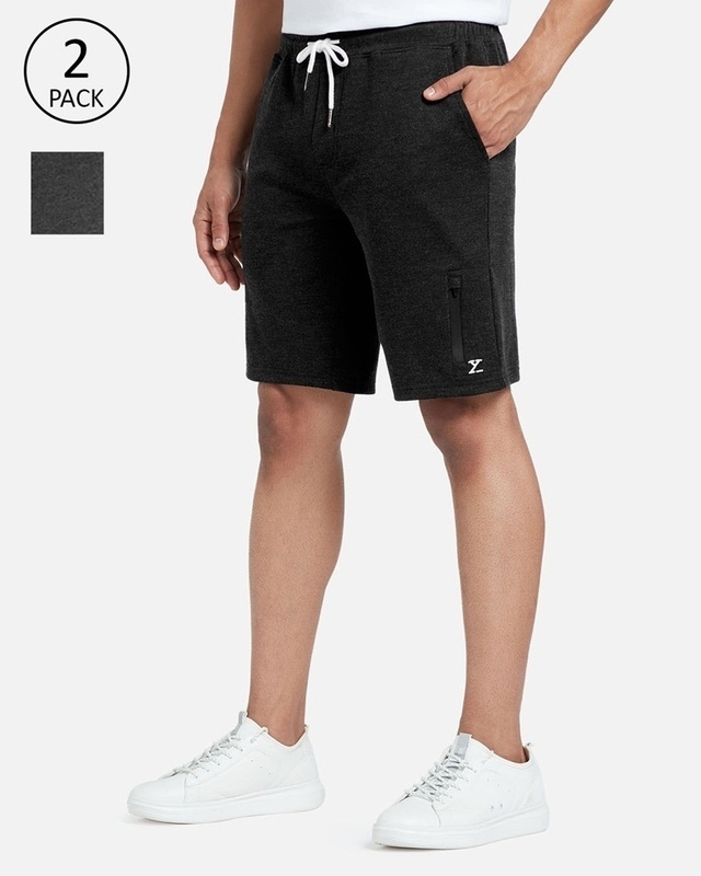 Shop Pack of 2 Men's Black & Grey Regular Fit Shorts-Front