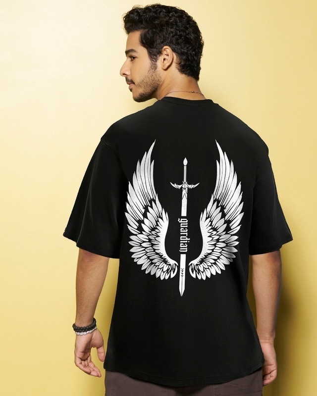 Shop Men's Black Guardian Wings Graphic Printed Oversized T-shirt-Front