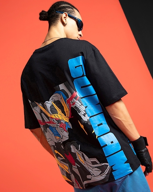 Shop Men's Black Gundam Attack Mode Graphic Printed Oversized T-shirt-Front