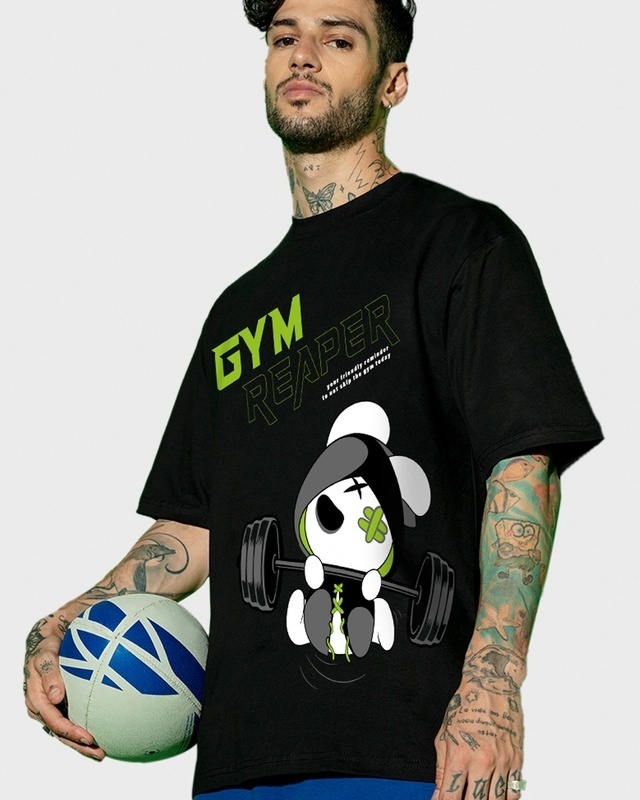 Men's Black Gym Reaper Graphic Printed Oversized T-shirt