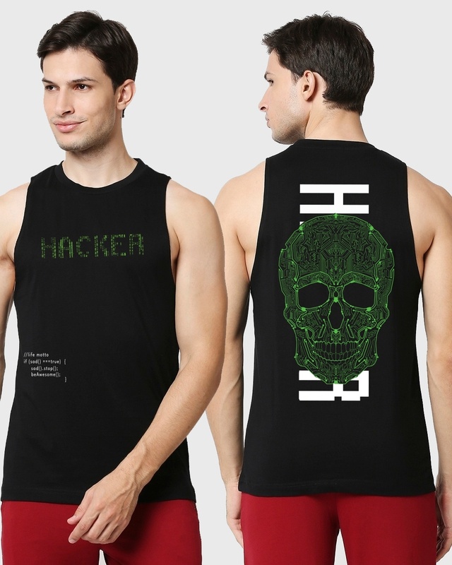 Shop Men's Black Hacker Graphic Printed Oversized Vest-Front