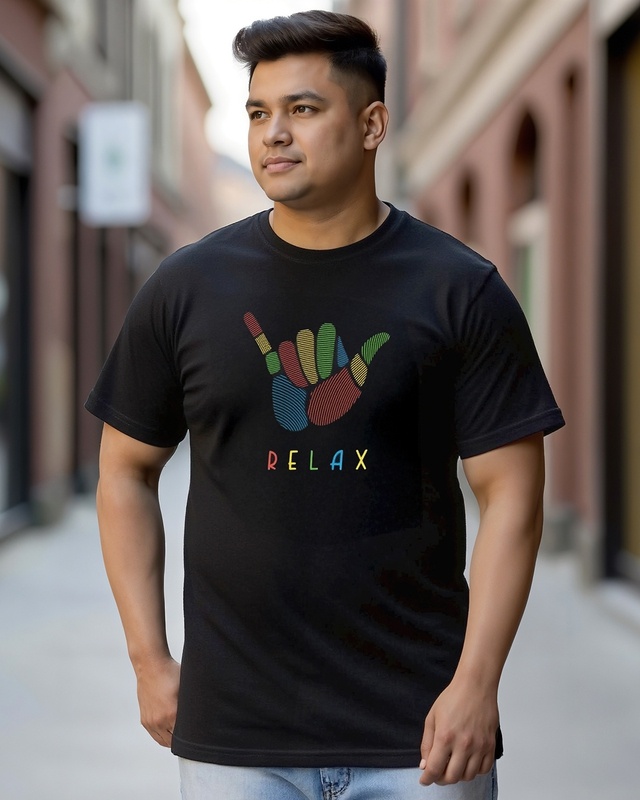 Men's Black Hang Loose Relax Graphic Printed Plus Size T-shirt-Front Bewakoof Shop Men's Black Hang Loose Relax Graphic Printed Plus Size T-shirt-Front
