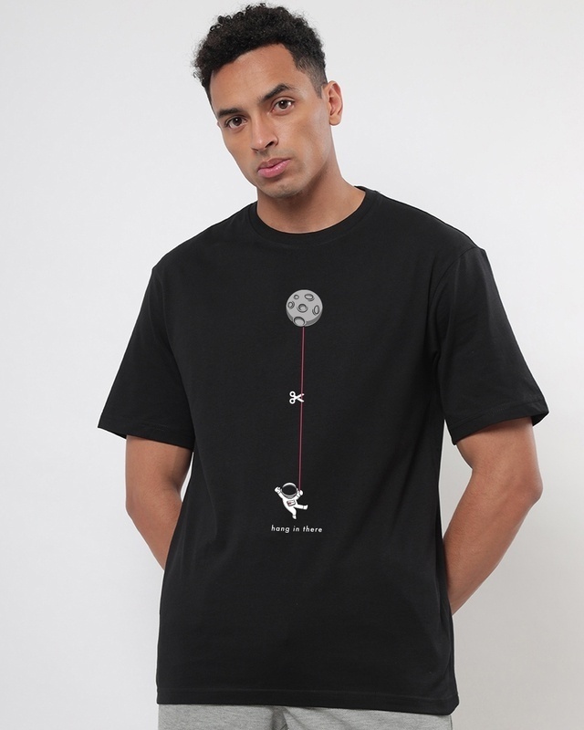 Shop Men's Black Hangin Astronaut Graphic Printed Oversized T-shirt-Front